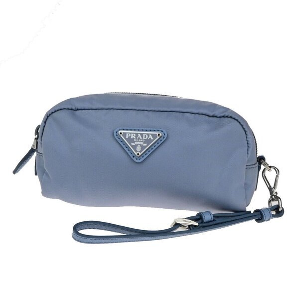 PRADA Logo Tessuto Cosmetic Mini Pouch Nylon Leather Blue SHW Italy - Picture 1 of 1